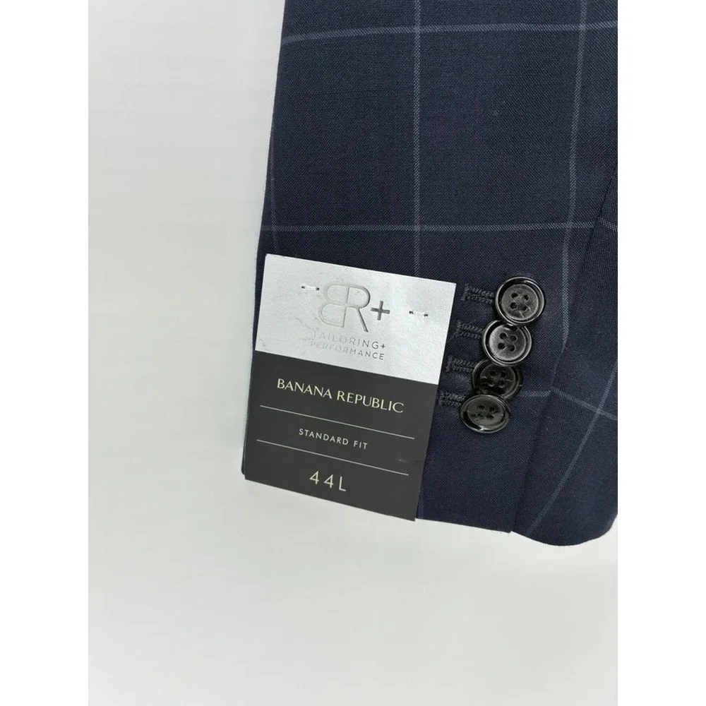 Banana Republic BR+ Performance Wool Blazer Navy Windowpane 44L Standard Fit